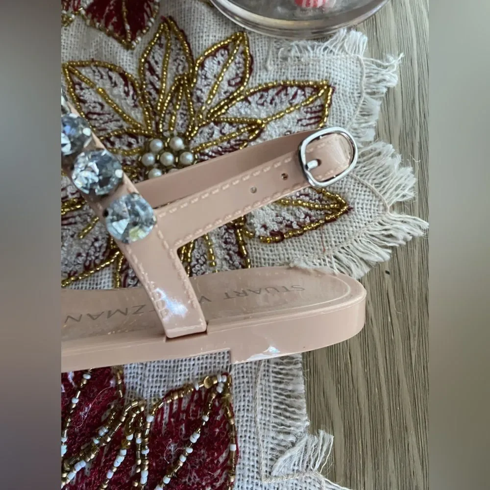 Stuart Weitzman Womens Goldie Jelly T-Strap Sandals Beige Slingback Beaded Sz 6